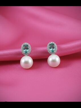 Freshwater Pearl Drop Earrings Inlaid w/ Blue Green Zircon & Silver Accents